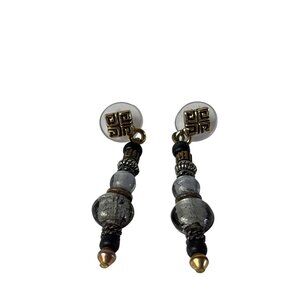 Vintage Glass Wooden Beaded Dangle Earrings Grey Black Goldtone 2 inches Long